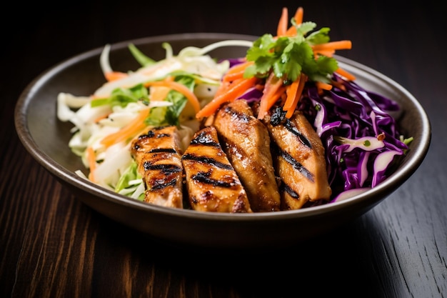 Balanced Buddha Bowl Highlighting Grilled Chicken and Fresh Crunchy Cabbage