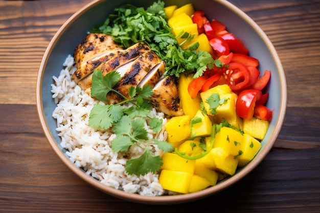 Photo balanced buddha bowl including grilled chicken and pepper