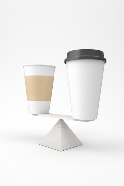 Balanced coffee cups front side in white background