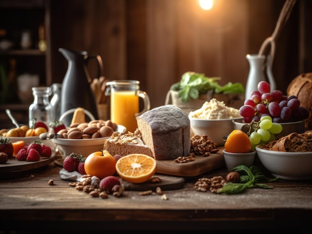 Balanced diet food in a rustic kitchen Food photography