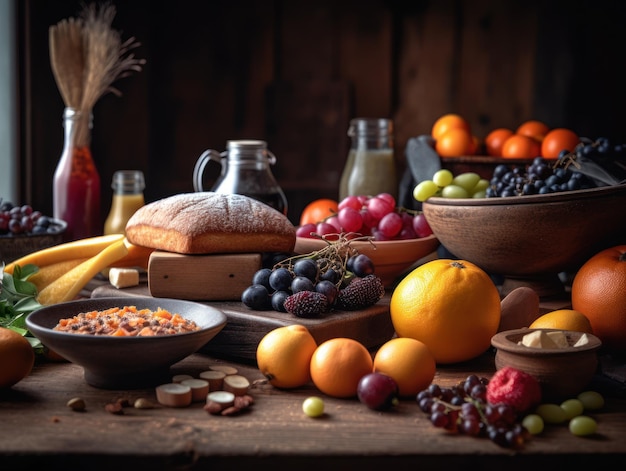 Photo balanced diet food in a rustic kitchen food photography