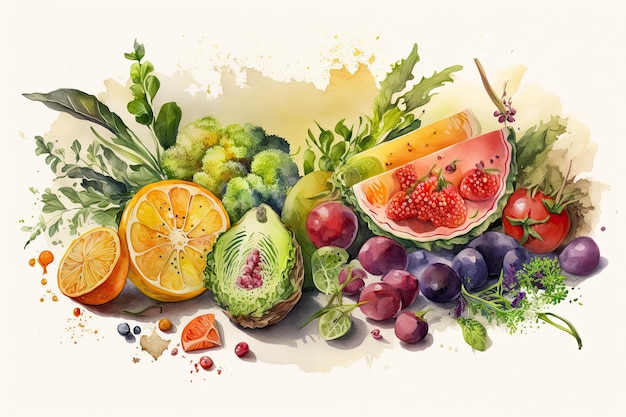 Balanced healthy food in watercolor style Generated by AI