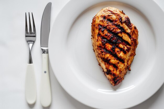 バランスのとれた食事 白い皿に焼いた肉を ナイフとフォークとともに食べることは 良質な食事の選択と 肉の健康上の利点を示します