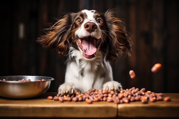 Balanced nutrition for dogs Happy domestic dog next to a bowl of food