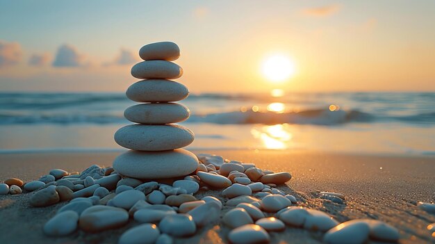 Balanced pebble pyramid silhouette on the beach