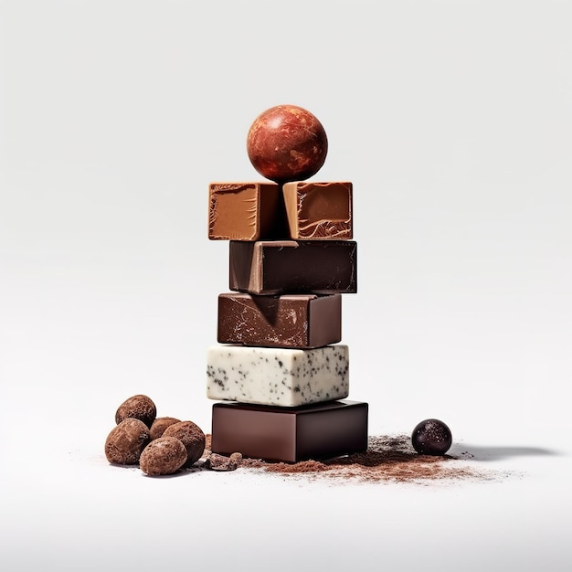 Balanced Pieces of Chocolate Isolated on a White Background Generative ai