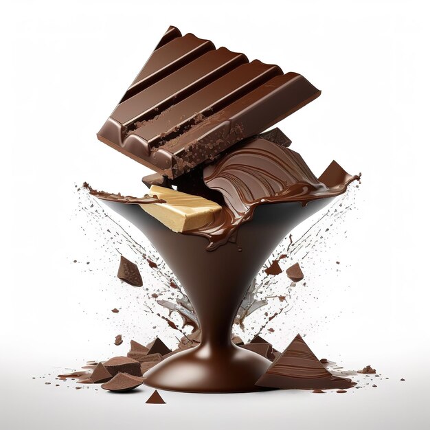 Balanced Pieces of Chocolate Isolated on a White Background Generative ai