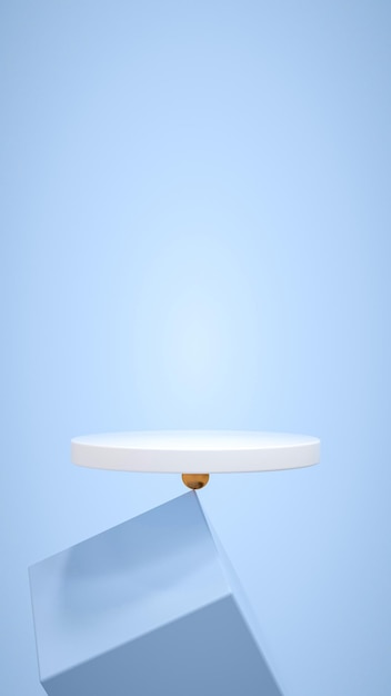 Photo balanced podium stand on a golden ball and that one on a cube, blue podium - 3d rendering
