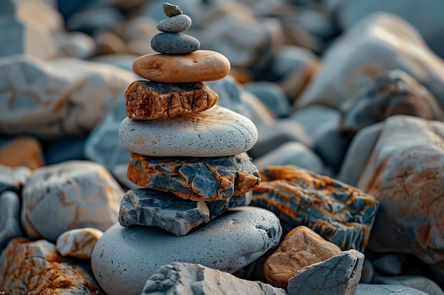 Balanced Stone Pile on a Pebbled Beach at Sunset