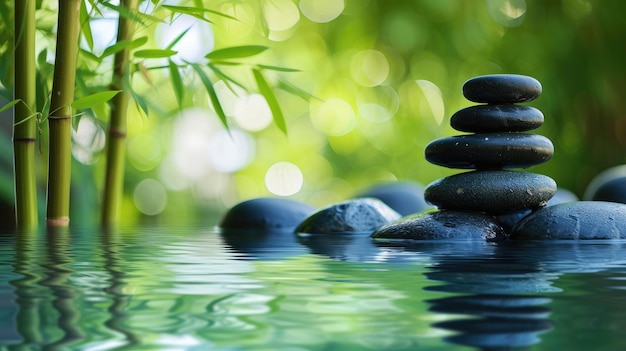 Balanced stones create a Zen pyramid on the waters surface invoking calm and harmony