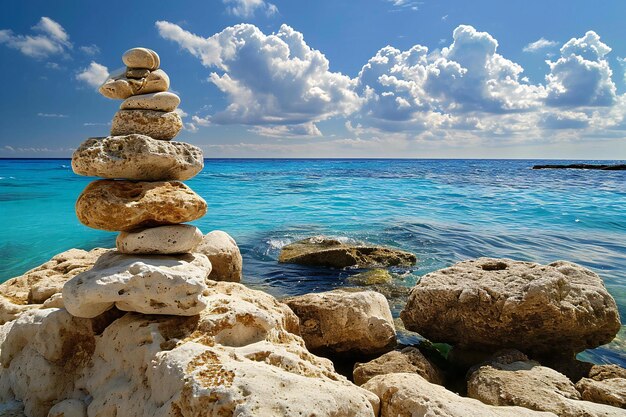 Foto pietre in equilibrio sulla riva del mar mediterraneo a cipro