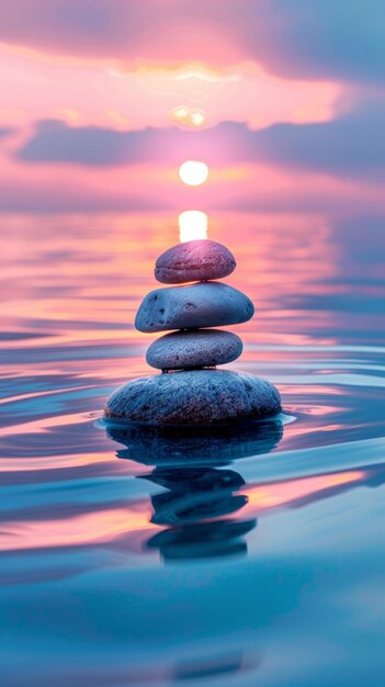 Balanced Stones at Sunset A Symbol of Tranquility Generative AI