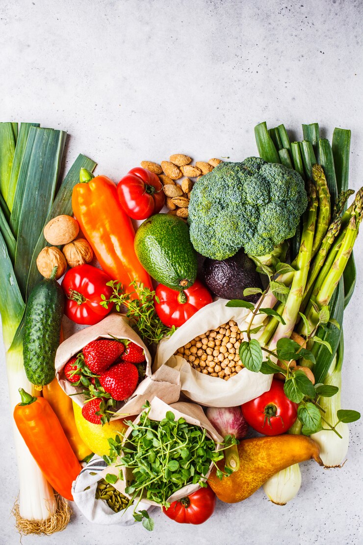 Balanced vegetarian food background 
