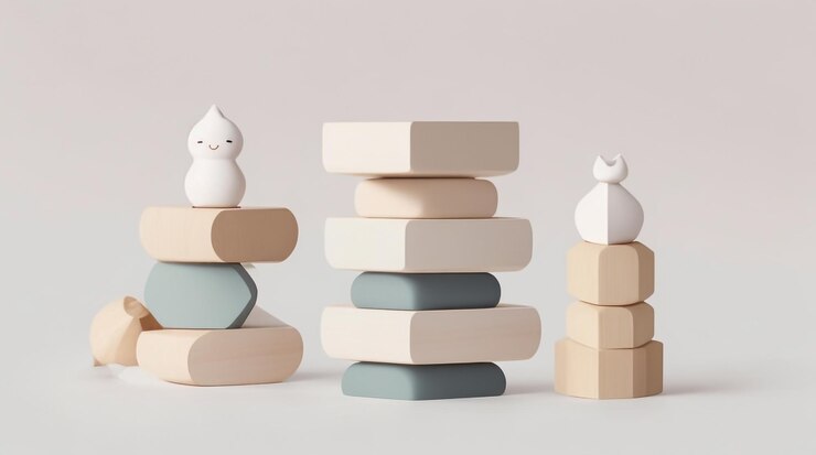 Photo balanced wooden stacks in row symmetry and harmony