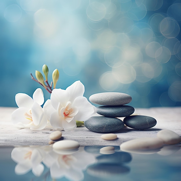 Balanceren van kiezels in water met bloemen spa ontspannen