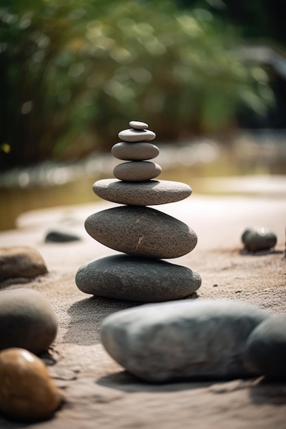 Balancerende kiezelstenen achtergrond Rustige bemiddeling en ontspanning in de Zen-tuin Generatieve Ai