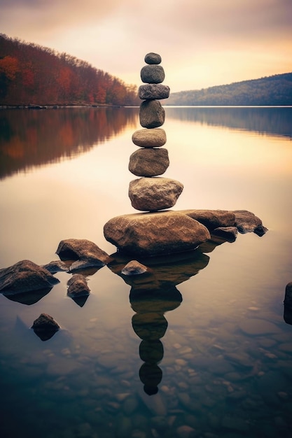 Balancerende stenen gestapeld in een serene natuurlijke omgeving gecreëerd met generatieve AI