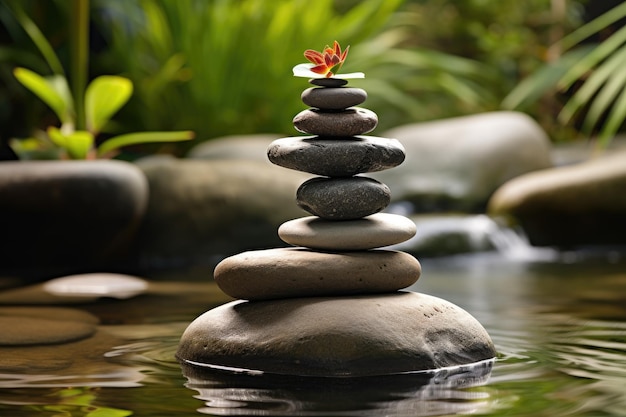 Balances are created by stacking stones resembling pyramids in a spa setting