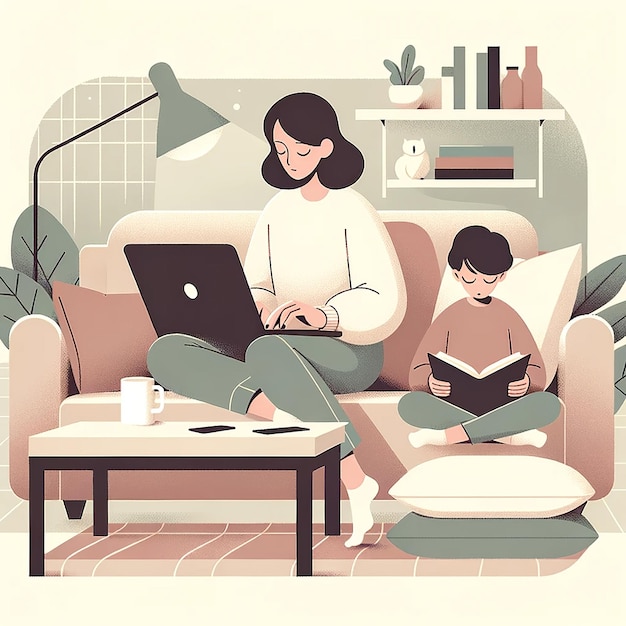 Balancing Act in Flat Design Woman Telecommuting While Spending Quality Time with Son