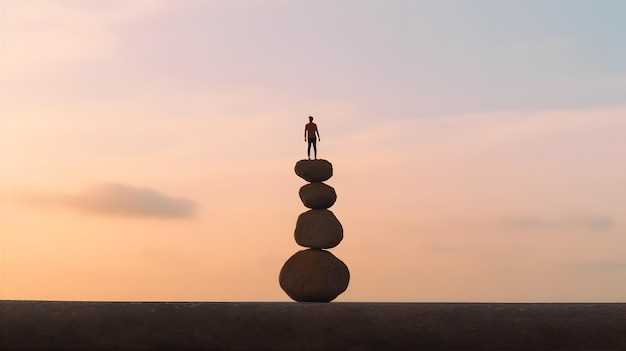 Balancing Act 人生におけるバランスの安定性と集中力を体現する、物体の上でバランスをとる人をフィーチャーした気まぐれな画像 生成 AI