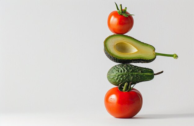 Photo balancing cucumber avocado and tomatoes light gray background minimalistic copy space