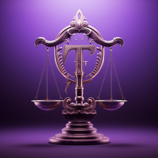 Balancing Harmony An Artistic Fusion of Libra's Scales within the Letter T on a Vibrant Purple Canv