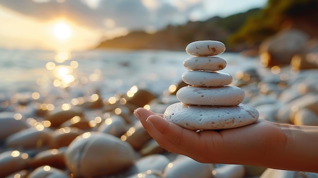 Equilibrio della mente, dell'anima e dello spirito un concetto di equilibrio della vita attraverso la meditazione mentale e una pila di pietre naturali bianche accatastate a mano