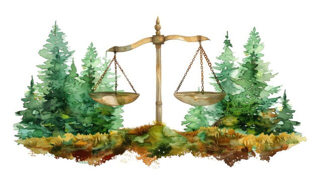 Balancing Nature Environmental Law Concept Illustrated with Scales Amidst a Serene Forest in Watercolor Style Against a White Background