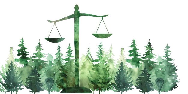 Balancing Nature Environmental Law Concept Illustrated with Scales Amidst a Serene Forest in Watercolor Style Against a White Background