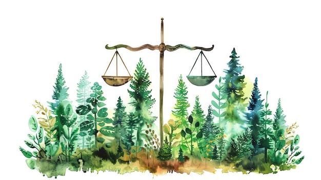 Балансирование природы Концепция экологического права иллюстрирована весами среди спокойного леса в стиле акварели на белом фоне