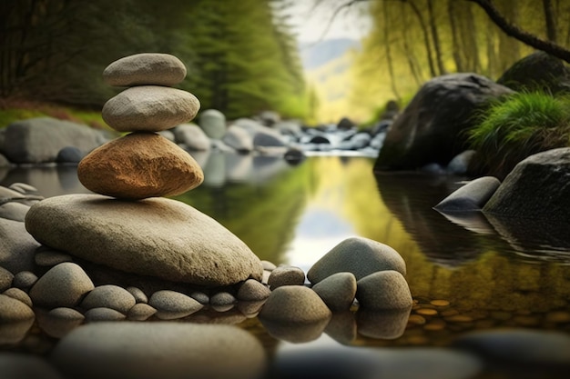 Balancing rocks and pebbles in front of nature BG