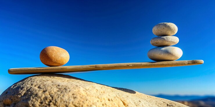 Photo balancing stones on top of boulder close up