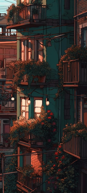 Foto il balcone di un edificio con un fiore rosso sul balcone