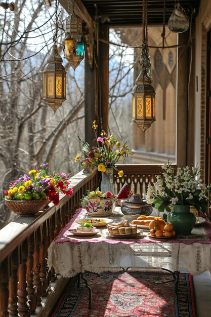 Photo a balcony decorated elegantly for nowruz with hanging lanterns