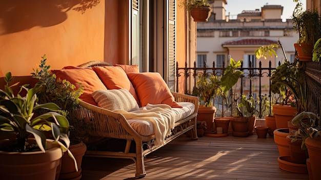 Photo the balcony exudes a mediterranean vibe with its terracotta pots and wicker furnishings