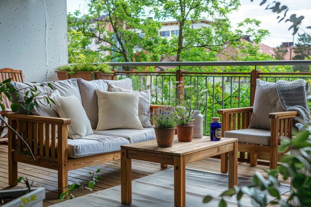 Balcony furnished with wooden furniture Scandinavian style Generative AI