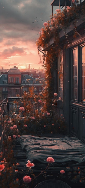 The balcony of a house with a view of a city and a sunset