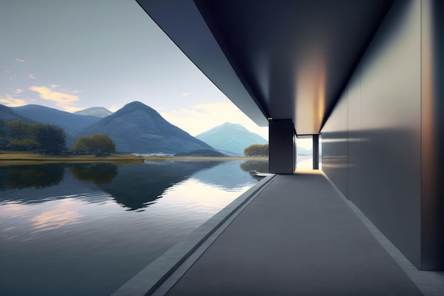 Balcony of modern building exterior design in lake and mountain landscape