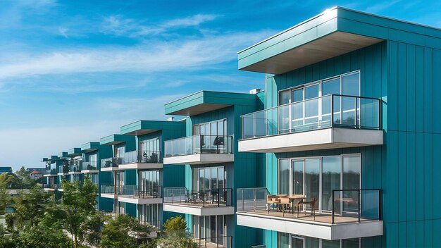 Photo balcony of new modern turquoise multi storey residential building house in residential area on sunn