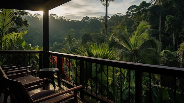 Balcony overlooking exotic tropical forest sunny day Generative AI