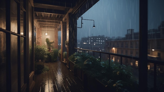 A balcony in a rainy night