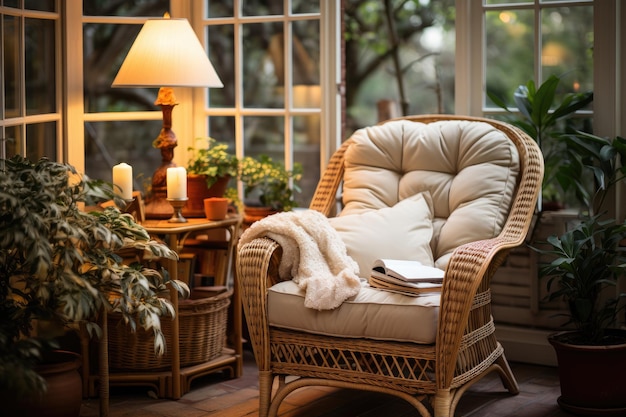 Photo balcony reading armchair shelf and smooth lighting generative ia