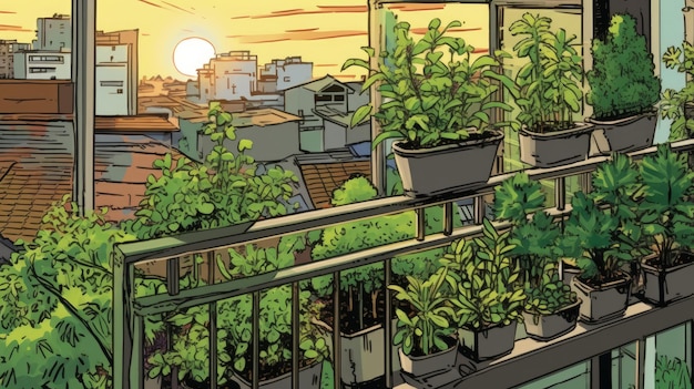 A balcony or rooftop garden with potted plants AI generated