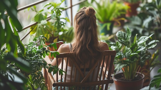 Balcony Serenity Mooie vrouw ontspant zich te midden van natuur en kamerplanten Generatieve AI