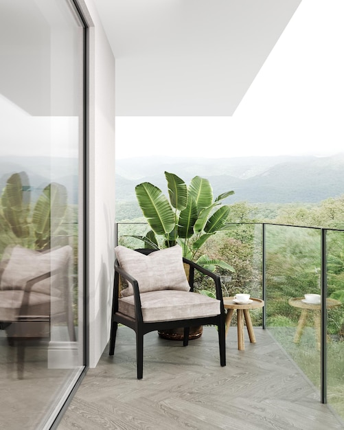 Balcony view of mountains landscape terrace with a beautiful view and cozy armchair 3d rendering