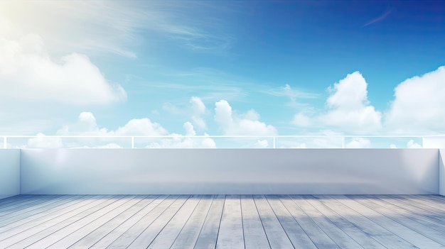 A balcony with a blue sky and a white wall