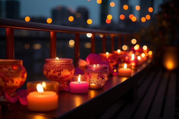 Balcony with burning candles and other decorations on a bright bokeh background