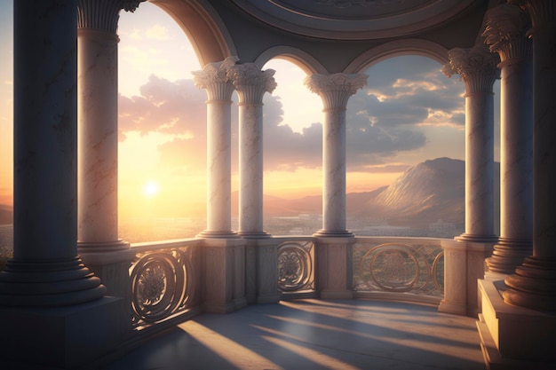 a balcony with columns overlooking the mountain and sunset in the style of vray tracing