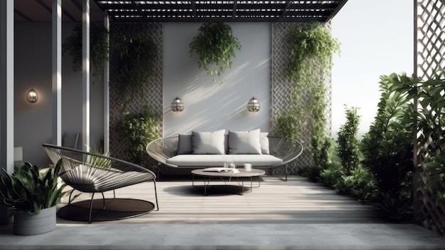 Photo a balcony with a couch and a couch with a planter on it.