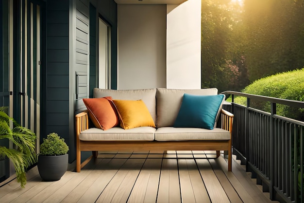 A balcony with a couch and a planter with a planter on it.